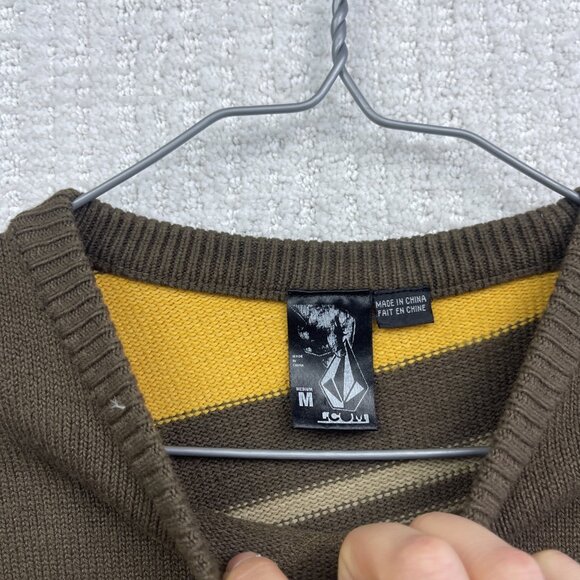 Y2K Volcom Mens M Brown / Yellow Long Sleeve Stripe Thermal Shirt Sweater Knit - Picture 5 of 14